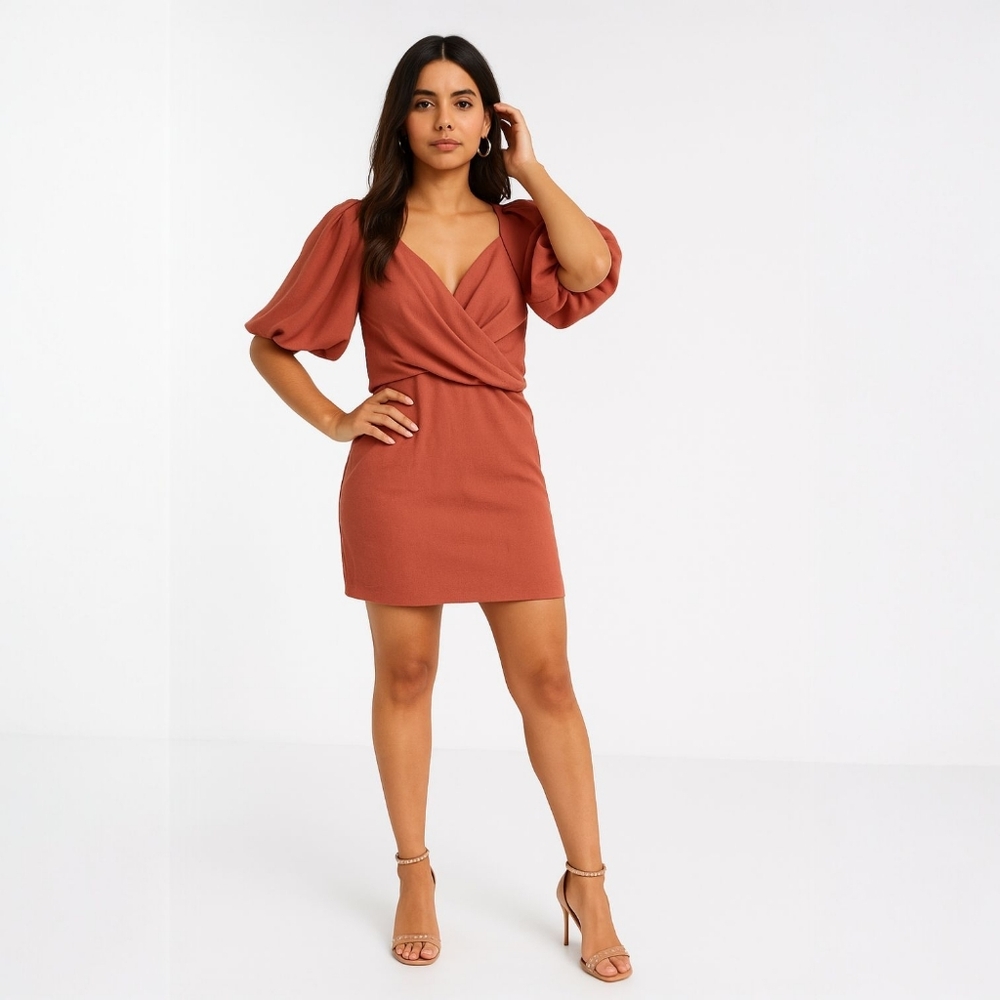 ASOS DESIGN Women's Wrap Front Mini Dress with Puff Sleeves in Rust Size 8